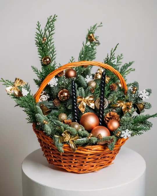 سلة عيد الميلاد ترتيبات الأضواء البرونزية