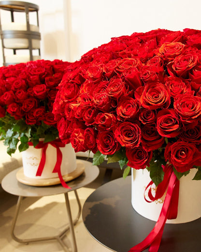 Red roses box arrangement Luxury Crimson Trio - DJ flowers