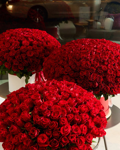 Red roses box arrangement Luxury Crimson Trio - DJ flowers